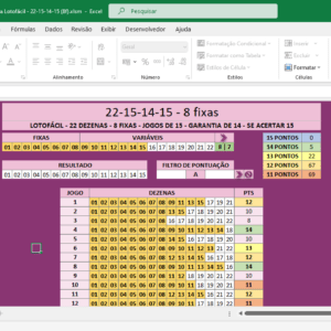 Planilha de fechamentos da Lotofácil 22-15-14-15, com 8 fixas.