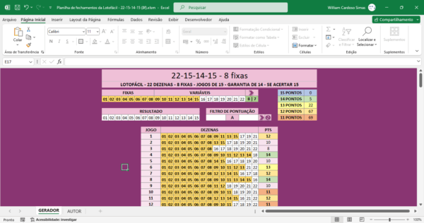 Planilha de fechamentos da Lotofácil 22-15-14-15, com 8 fixas.