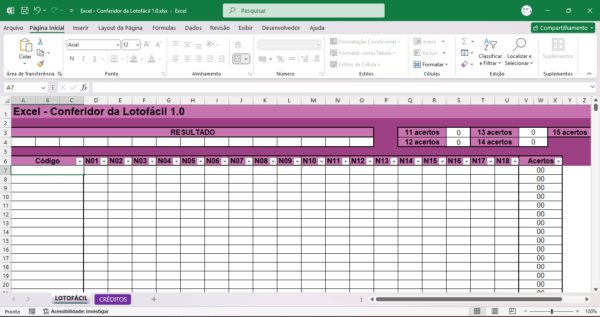 Excel - Conferidor da Lotofácil 1.0