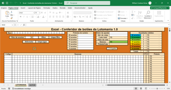 Excel - Conferidor de bolões da Lotomania 1.0