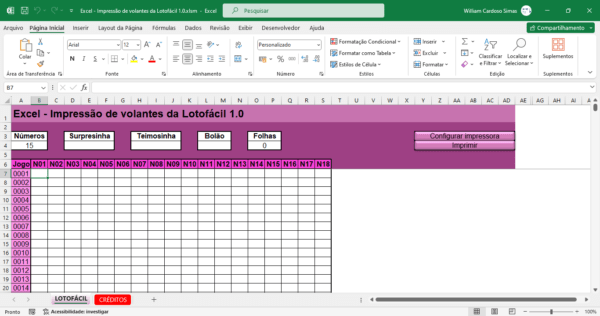 Planilha de impressão de volantes da Lotofacil 1.0