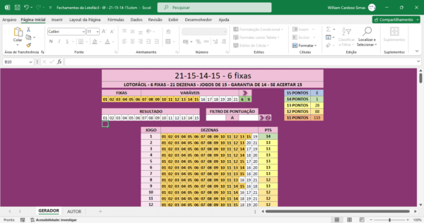 Planilha de fechamentos da Lotofácil 21-15-14-15, com 6 fixas.