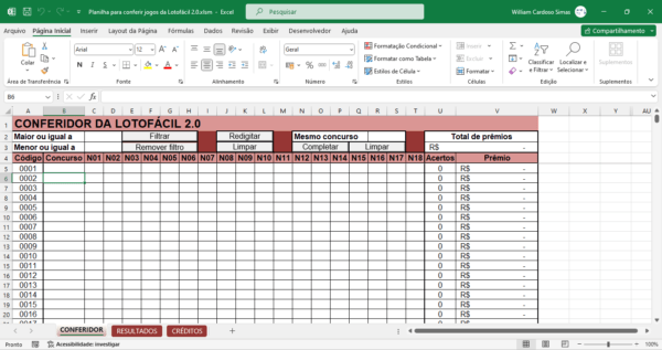 Planilha para conferir jogos da Lotofacil 2.0
