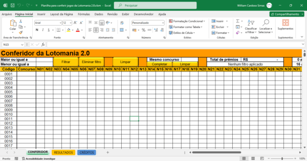 Planilha para conferir jogos da Lotomania 2.0