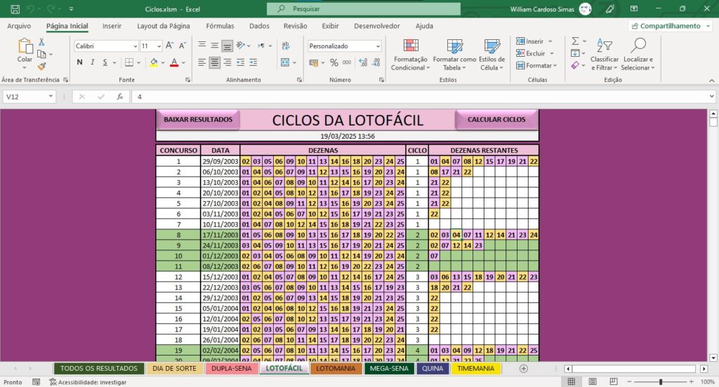 Planilhas para Lotofácil - Ciclos