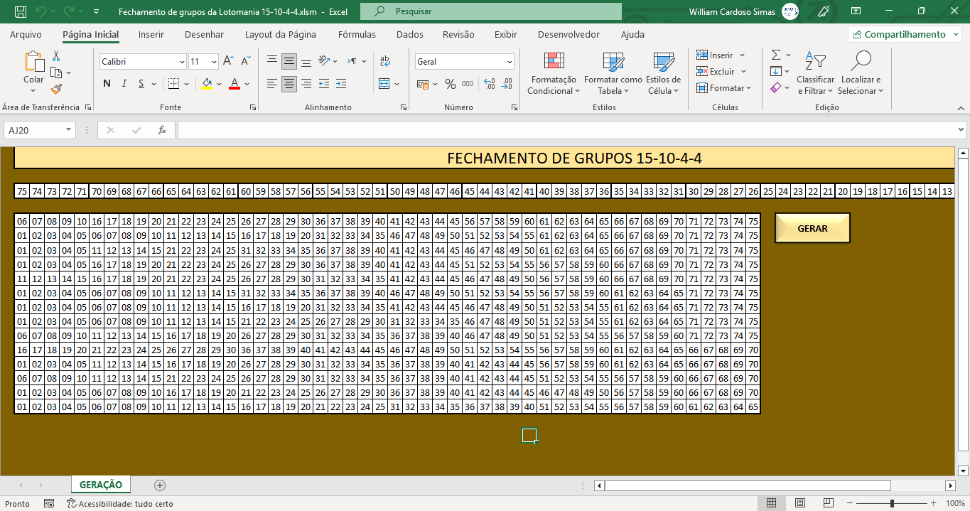 Planilha de fechamentos da Lotomania