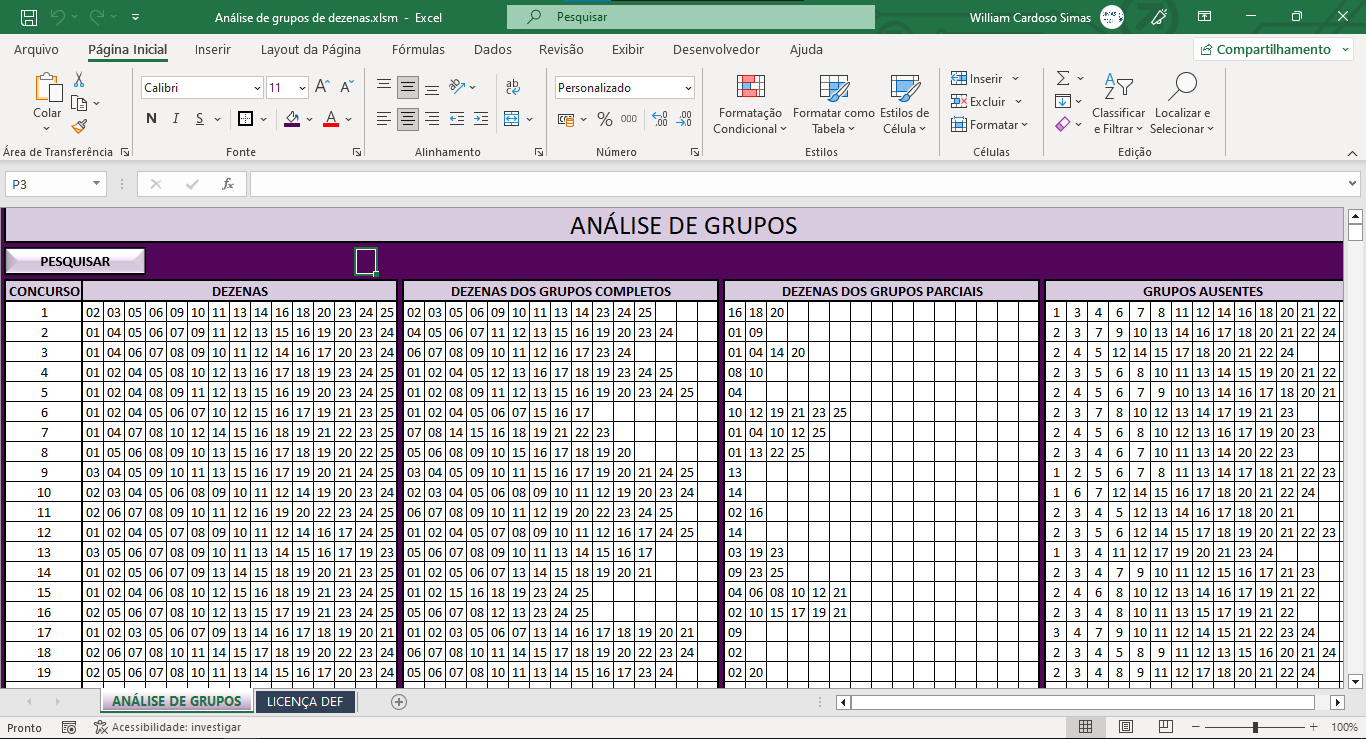 Planilha de análise de grupos da Lotofácil
