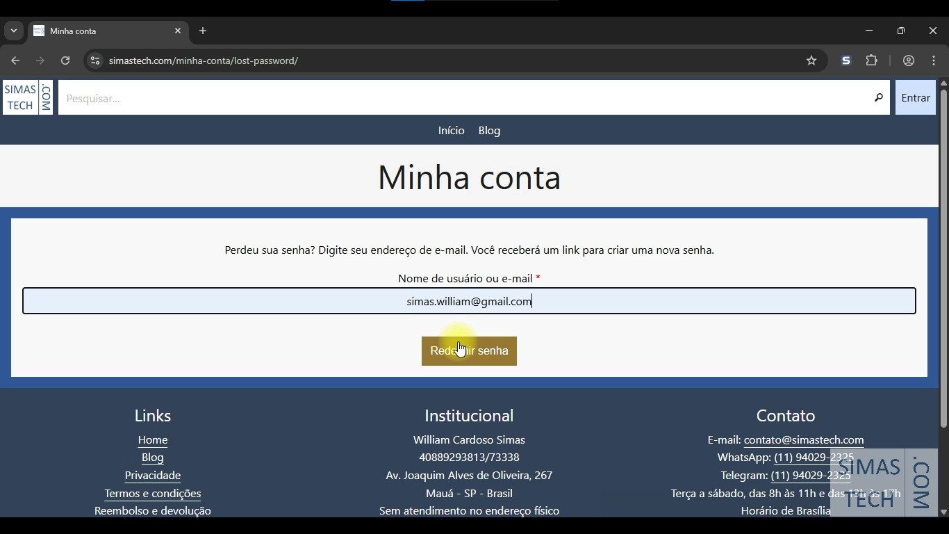 Clique em redefinir senha