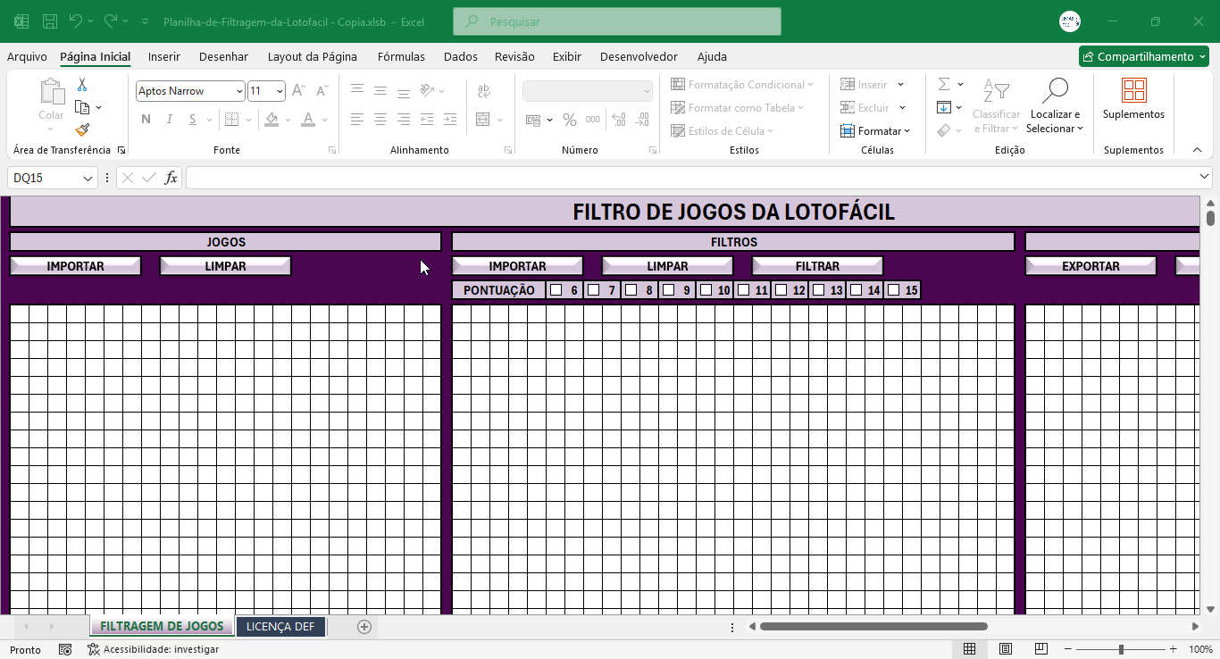 Alterações na planilha de filtragem da Lotofácil