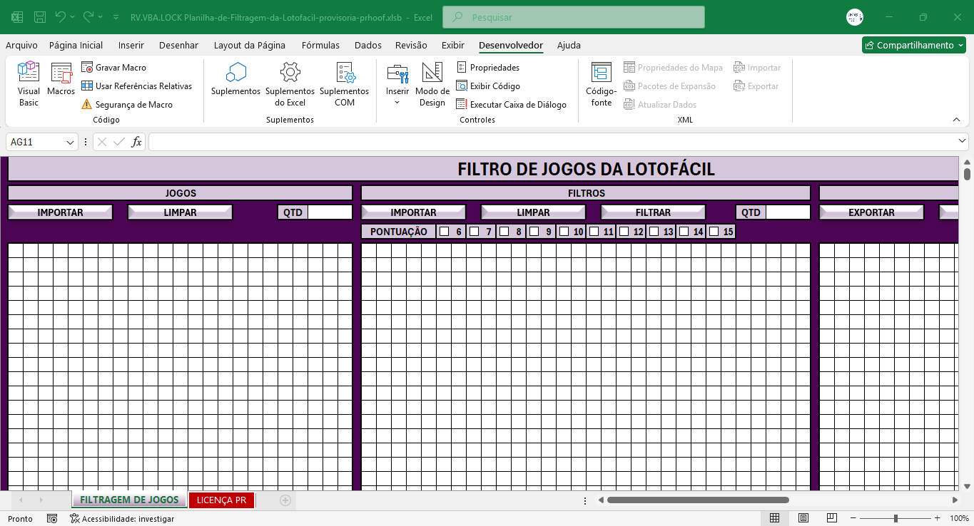 Alterações na planilha de filtros da Lotofácil