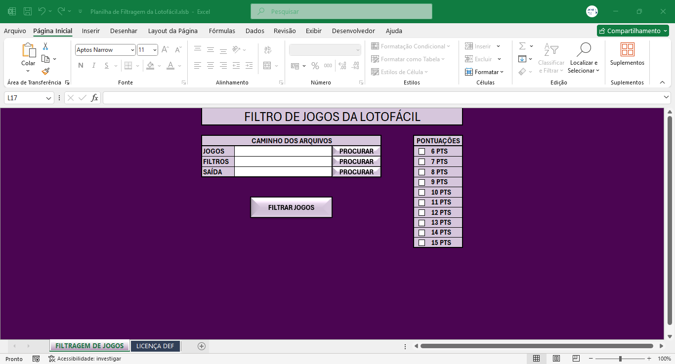 Planilha de filtragem de jogos da Lotofácil