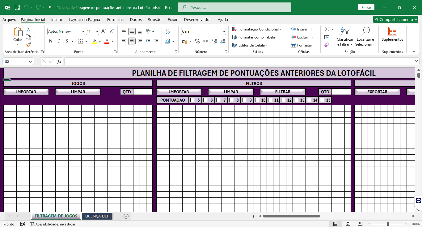 Planilha de filtragem de pontuações anteriores