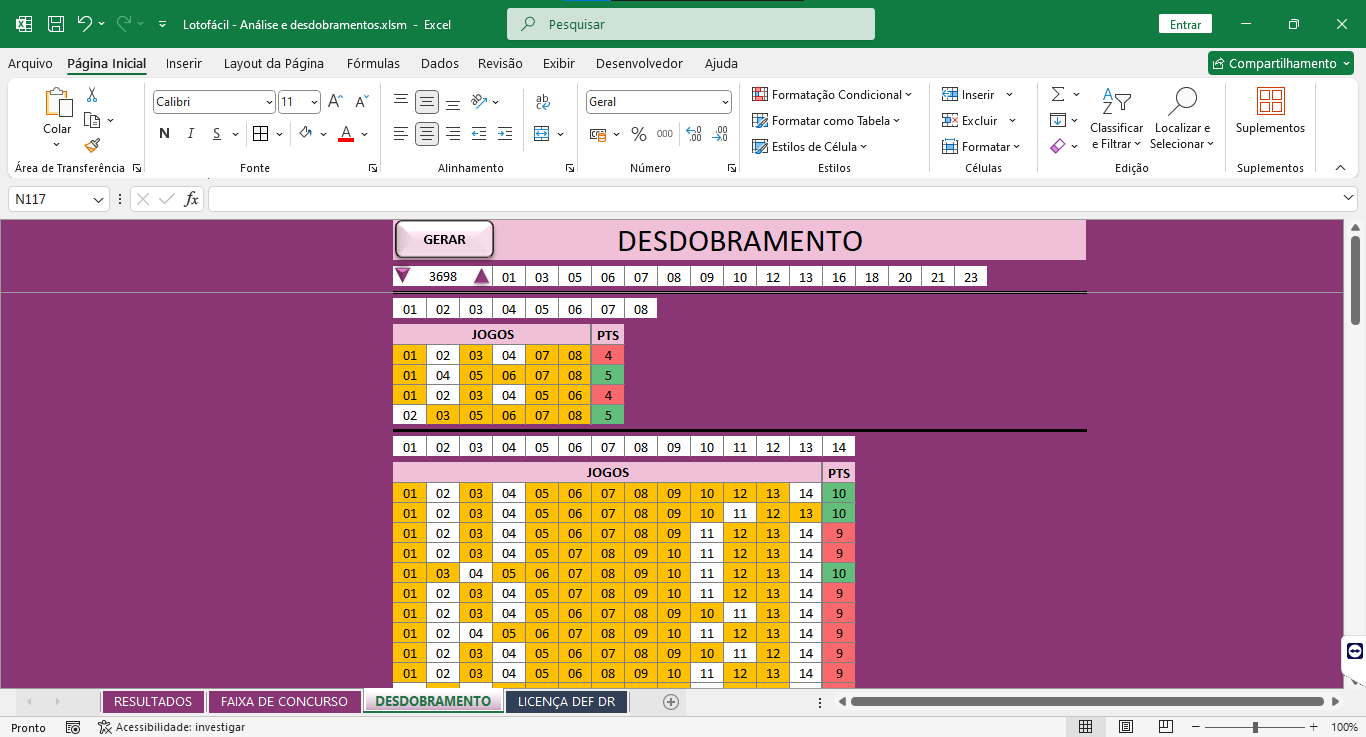 Desdobramento 13 x 10 na planilha 46108