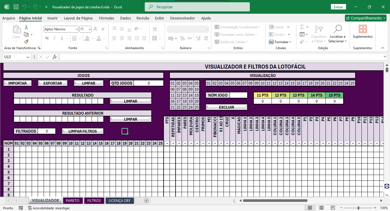 Filtro de Pareto no visualizador de jogos da Lotofácil