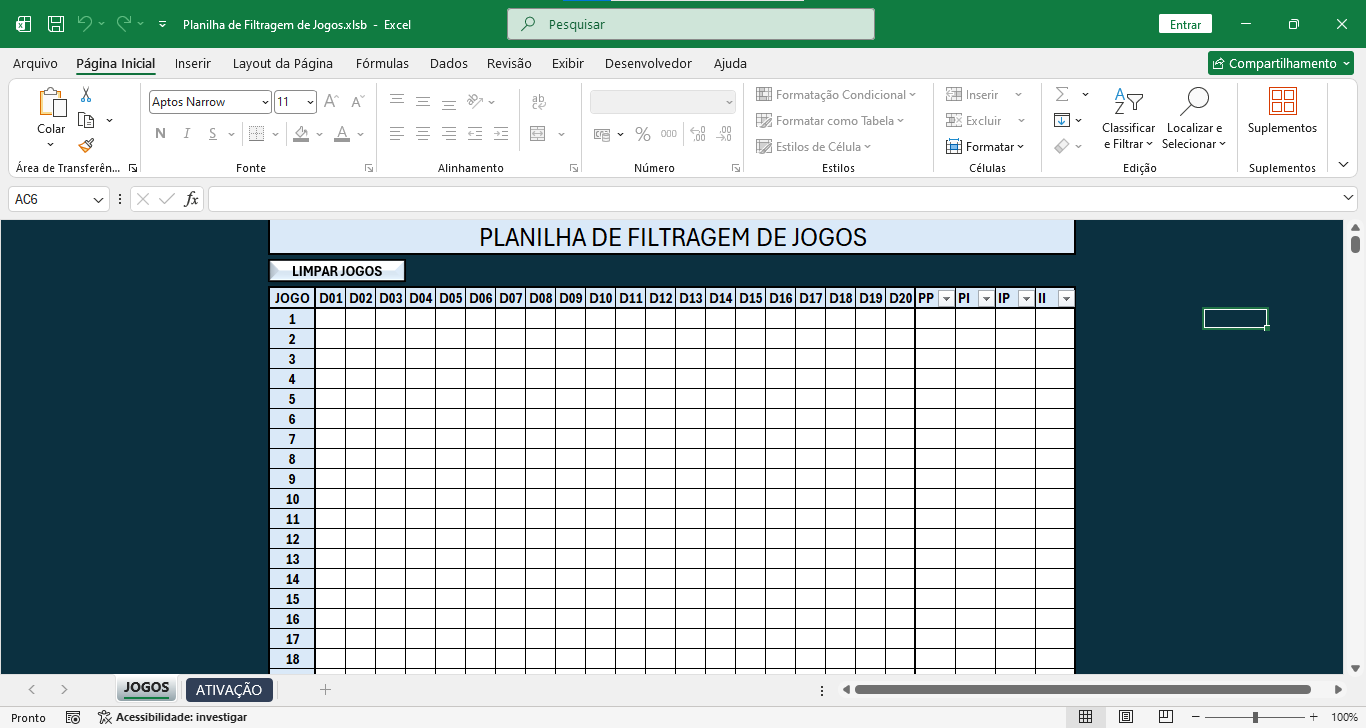 Planilha de filtragem de jogos