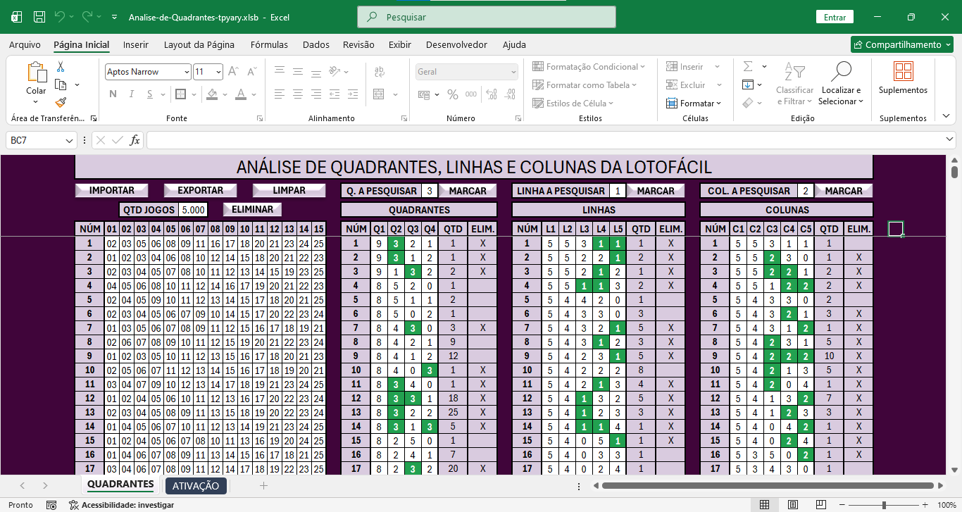 Alterações na planilha de quadrantes, linhas e colunas