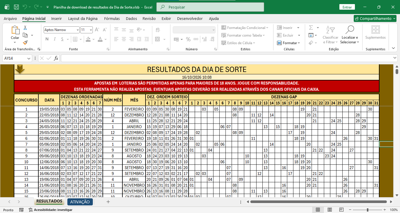 Planilha de download de resultados da Dia de Sorte
